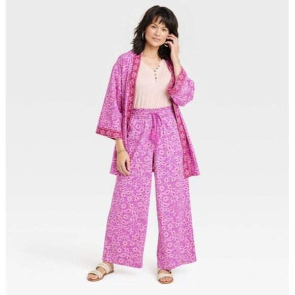 Knox Rose Small Pull On Elastic Waist Wide Leg Pink Pants Boho Beach Drawstring - Picture 3 of 4